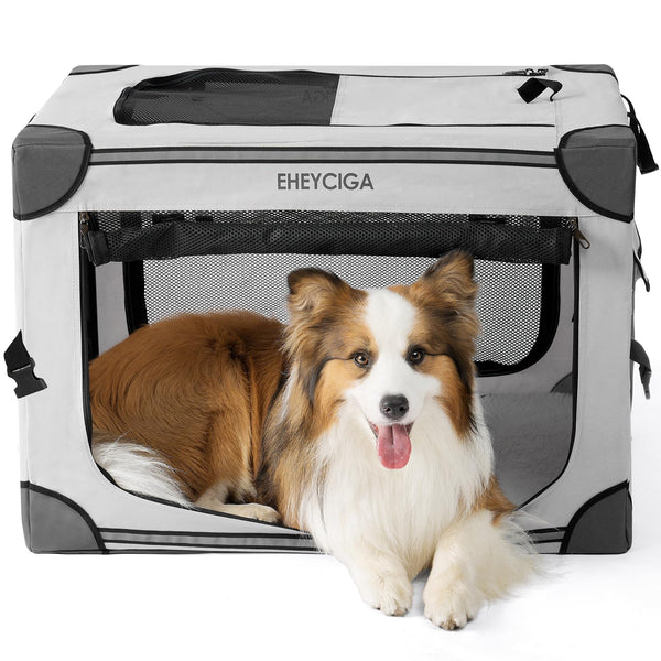 EHEYCIGA Collapsible Dog Crate 30 Inches, Portable Travel Crate for Medium Dogs, Soft Foldable Pet Kennel with 4-Door Mesh Windows Indoor & Outdoor, Grey