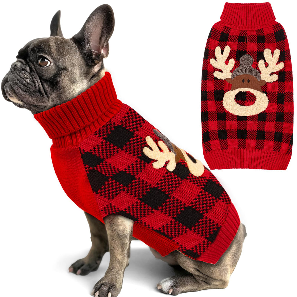 KYEESE Dog Christmas Sweater - Reindeer Red Buffalo Check With Leash Hole, Small Pet Outfit for Puppies
