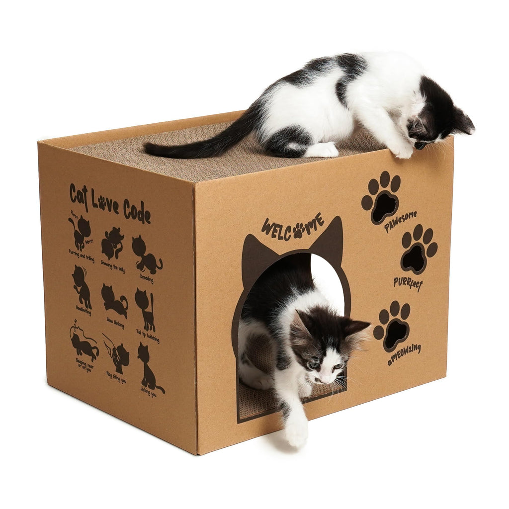 Two-Level Cardboard Cat House with Scratching Pads & Catnip - Large Sturdy Cardboard Cat Scratcher House Lounge for Multiple Pets - Premium Cat Play House Hideout Condo - 17.5" x 13.4" x 13.4"