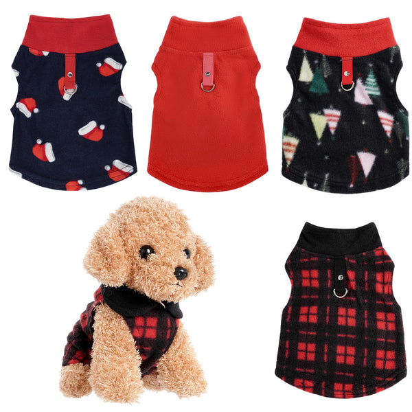 Rbenxia 4-Piece Red Buffalo Plaid Dog Sweater Set with Leash Ring - Soft Fleece Vest & Pullover Jacket for Small Puppy & Cat Pets (Medium)