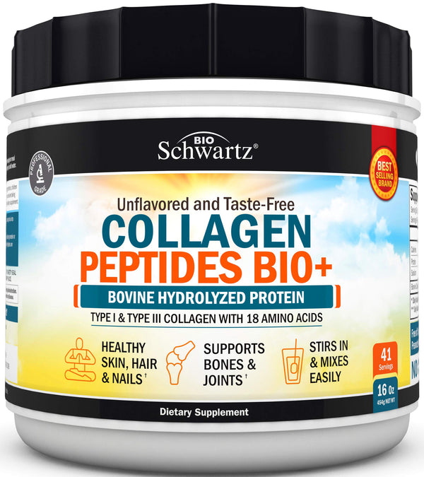Collagen Peptides Powder - Grass Fed, Pasture Raised with Aminos - Promotes Healthy Skin Hair & Nails – Bone & Joint Support - Hydrolyzed, Unflavored, Non GMO, Gluten Free - Easy to Mix -16 oz
