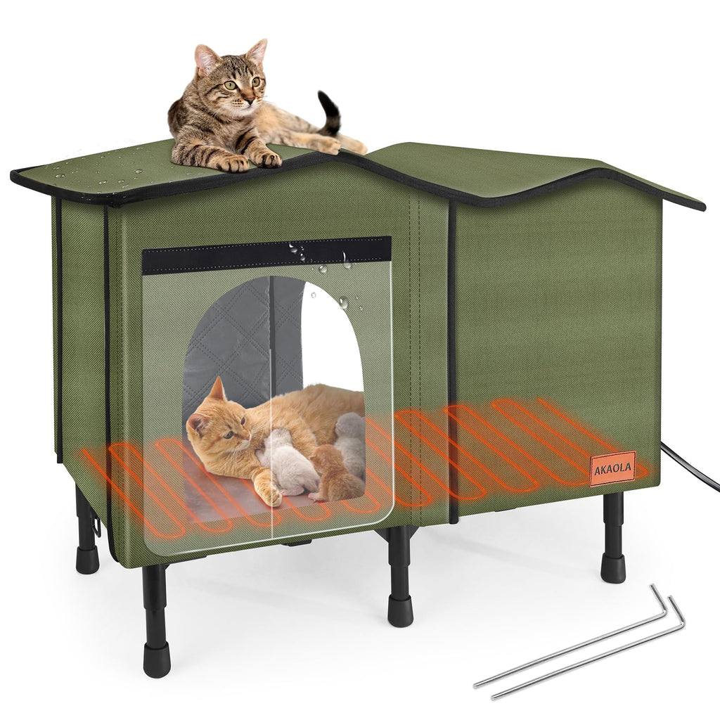 Green Outdoor Feral Cat House - Insulated Oxford Cloth & Heated Pet Bed, Weatherproof, Elevated