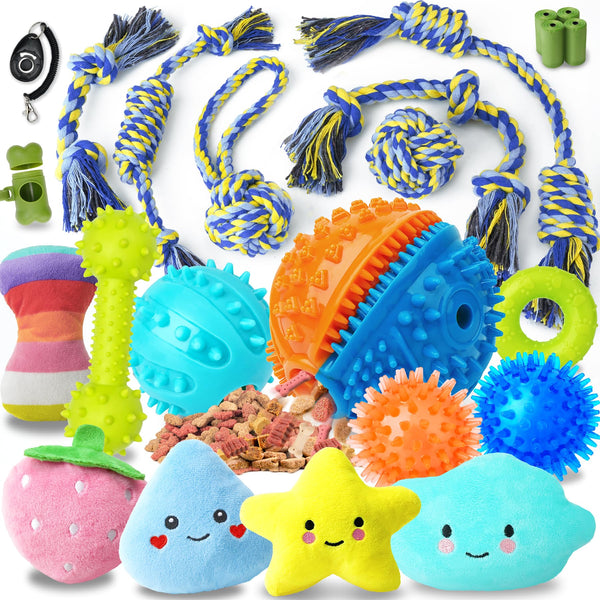 Forfon 23 Pack Dog Toys for Small Dogs, Various Puppy Toys for Teething and Training, Include Colorful Ropes, Plush Squeaky Toys, Long-Lasting Chew Toys and Clicker