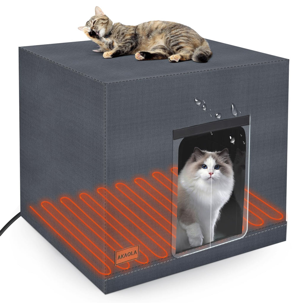 AKAOLA Large Heated Cat House for Outdoor Cats, Weatherproof & Elevated, Dark Gray, Synthetic Cloth & Metal, Art Deco Style, 20” L x 17” W x 18” H, 11.35 lbs