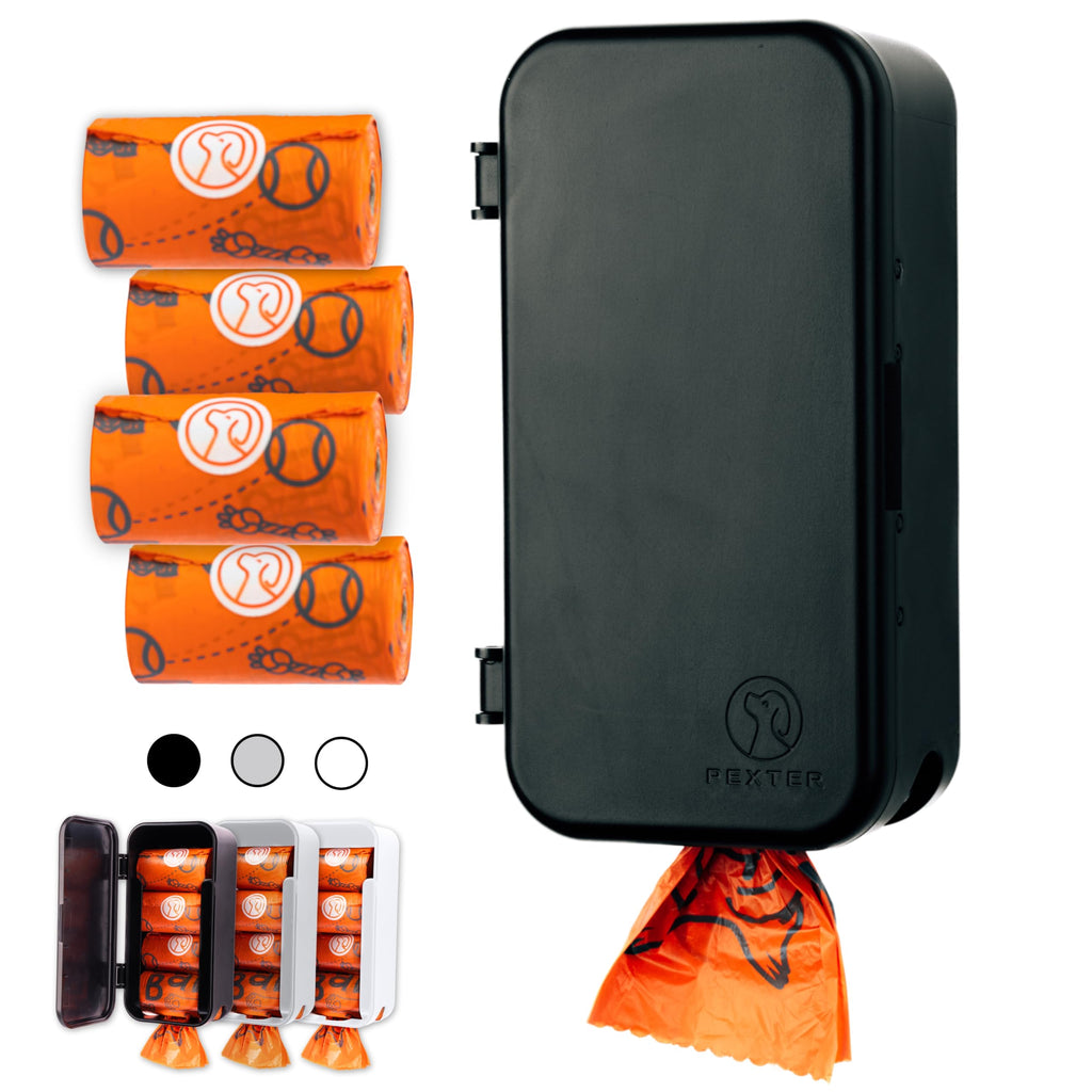 Pexter Dog Poop Bag Dispenser - Outdoor or Indoor Pet Waste Bag Dispenser Station - Stick-On or Screw-On Wall Mount - Poop Bags Storage Outdoor Container - Includes 4 Doggie Bag Rolls (Black)