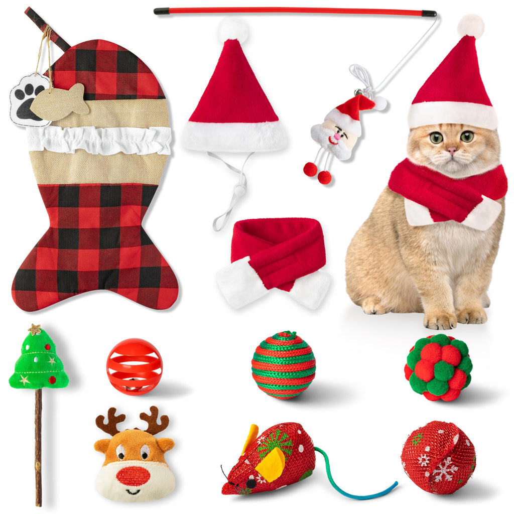 MALLMALL6 Christmas Cat Stocking Toys Costumes 11Pcs Interactive Cats Toy Gift Set with Santa Hat Scarf Teaser Wand Mice Deer Bells Balls Xmas Tree for Cat, Hanging Burlap Plaid Fish Sock for Pet