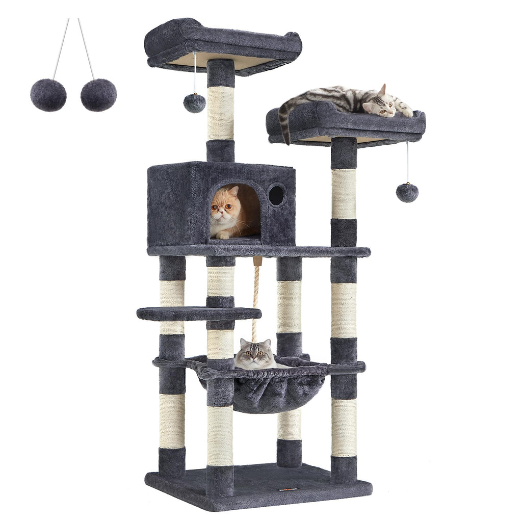 FEANDREA Cat Tree, Cat Tower for Indoor Cats, 56.3-Inch Cat Condo with Scratching Posts, Hammock, Plush Perch, Smoky Gray UPCT15GYZ