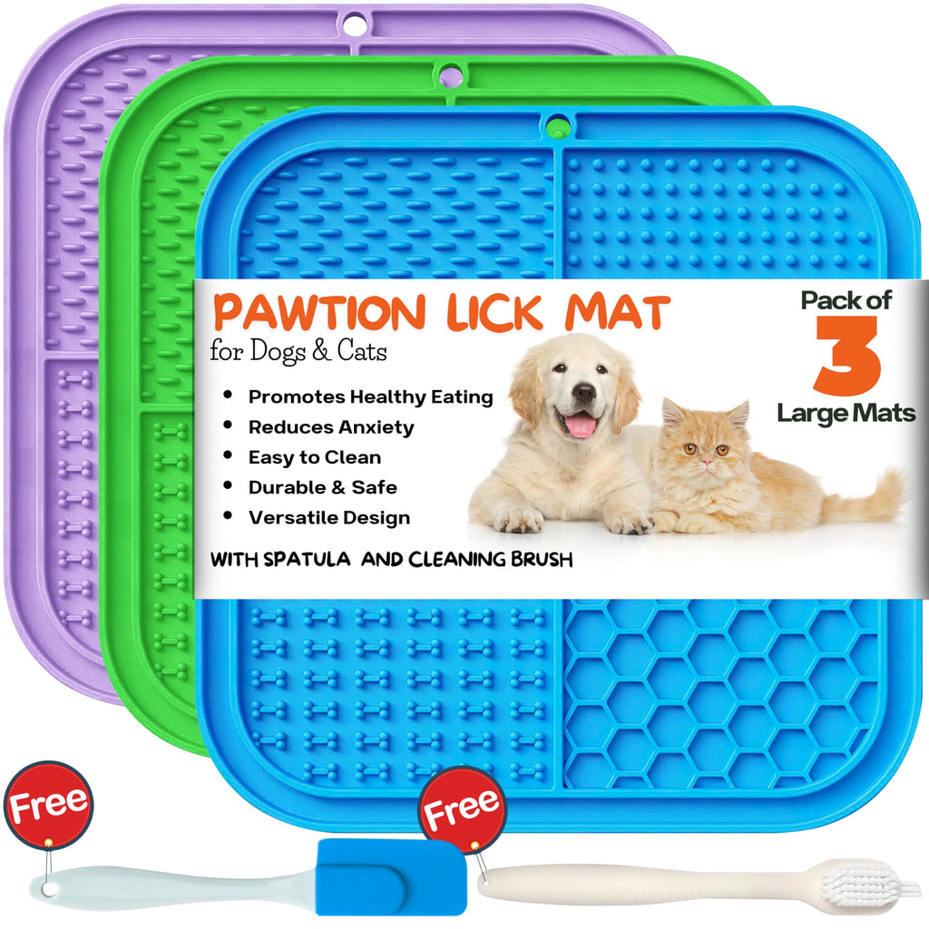 Pawtion Licking Mats for Dogs and Cats, Slow Feeder Pads with Suction Cups for Crate Training, Bathing, Grooming, and More (3 LARGE Mats + Free Spatula & Cleaning Brush), blue