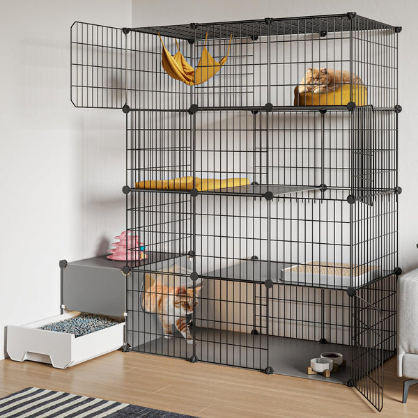 Oneluck Cat Cage with Litter Box,4-Tier DIY Enclosures Large Playpen Detachable Metal Wire Kennel Indoor Crate Large Exercise Place Ideal for 1-2 Cats