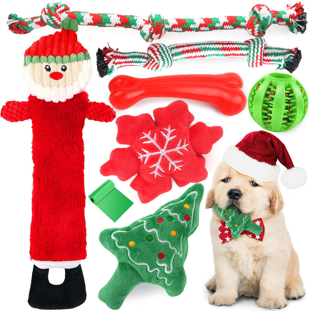 PUPTILY Christmas Dog Toys 8 Pack - Santa Squeaky Plush Chew for Puppy, Durable Interactive Rope for Teething, Treating Ball and Bone Rubber for Small Dogs