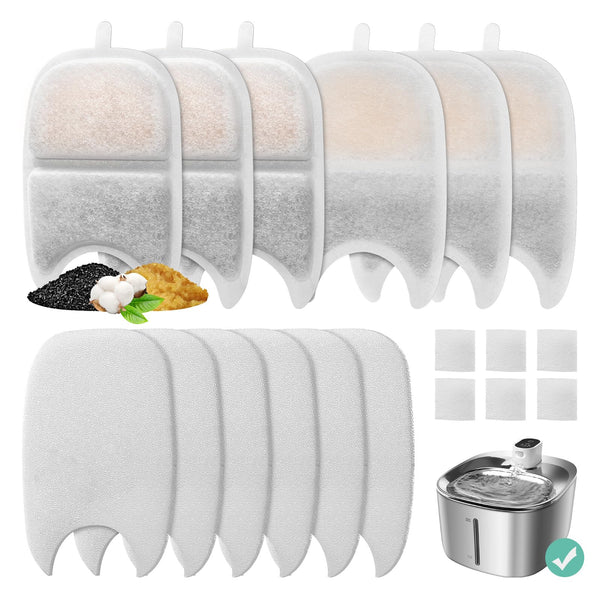 6 Set Replacement Filters & Sponges for 135 fl oz/4L Wilreless Cat Water Fountain, BFLICROY Cat Water Fountain Filters, Triple Filtration Pet Fountain Filter Replacement, Dog Fountain Filter
