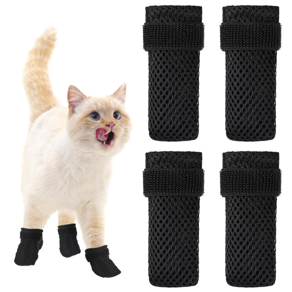 4 Packs Anti Scratch Cat Boots, Adjustable Cat Claw Protectors Covers, Black Breathable Mesh Cats Mittens Foot Covers for Indoor Cats Pet Bathing Cutting Nails