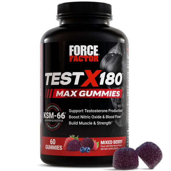 Force Factor Test X180 Max Gummies, Testosterone Booster Supplement for Men, with KSM-66 Ashwagandha to Support T Levels, Strength & Vitality, Mixed Berry, 60 Gummies