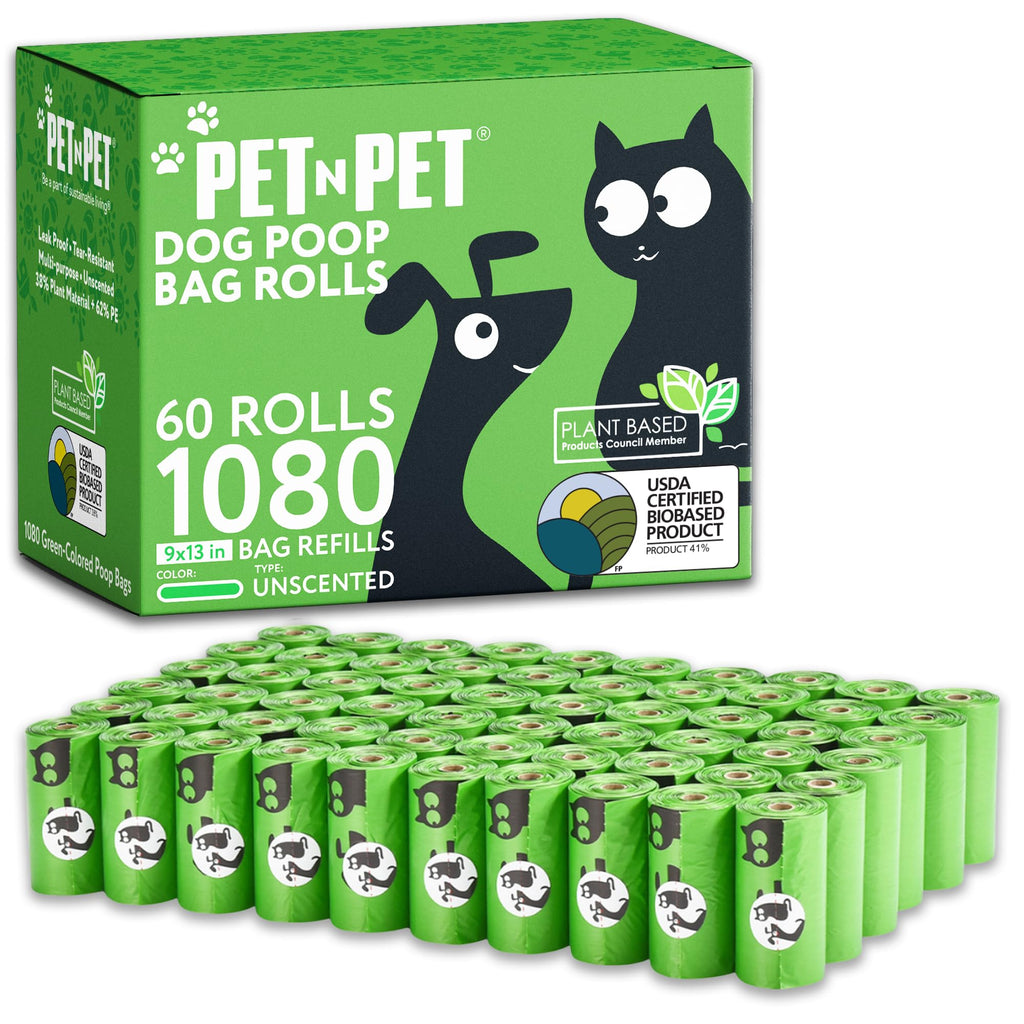 Pet N Pet 1080 Counts Green Poop Bags for Dogs, 38% Plant Based & 62% PE Extra Thick Dog Poop Bags Rolls, 9" x 13", Unscented Pet Waste Bag