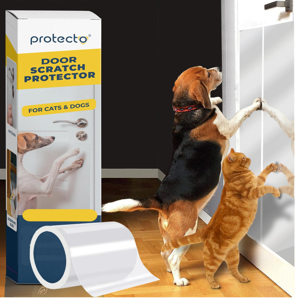 PROTECTO® Cat & Dog Scratch Door Protector with Utility Knife - 60" x 8" Clear Wall Protector for Pet Scratching - Sticky and Self-Adhesive Deterrent Vinyl Surface - Easy Customization & Installation