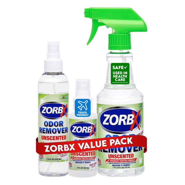 ZORBX Unscented Odor Eliminator for Strong Odor 16 Oz + 7.5 Oz + 2 Oz - Used in Hospitals & Healthcare Facilities - Advanced Formula, Fast-Acting Odor Remover Spray for Dog, Cat, House & Carpet
