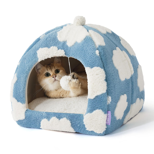 Lesure Cute Cat Beds for Indoor Cats - 2 in 1 Cat Cave Bed for Kittens and Small Pets with Removable Washable Cushioned Pillow, Cozy Kitten Tent with Non-Slip Bottom, Blue, 16 inches