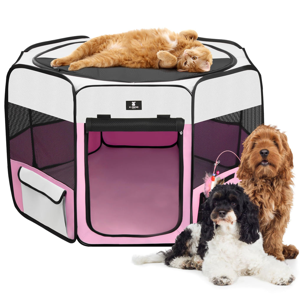 X-ZONE PET Dog Playpen Portable Pet Play Pens for Puppies, Cat, Rabbit, Chicks, Foldable Exercise Play Tent Kennel Crate, Indoor/Outdoor Travel Camping Pink Small