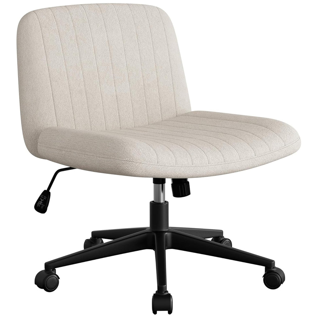 SUNLEI Cross Legged Office Chair with Wheels, Armless Wide Chair's for Vanity Desk, Criss Cross Comfy Chairs with Back, Desk Chair/s of Height Adjustable Swivel, White
