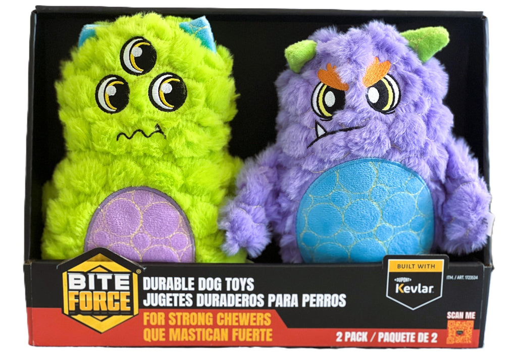 Bite Force Kevlar Tough Plush 2 Pack Monster Dog Toy, Built-in Squeaker