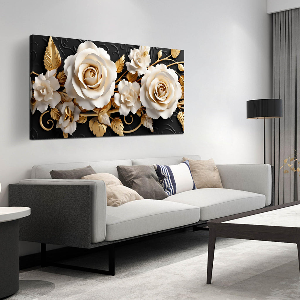 Flower Large Canvas Wall Art for Living Room Bedroom Home Office White and Gold Wall Art Blossom Picture Framed Wall Decor Modern Canvas Prints 24x48 In