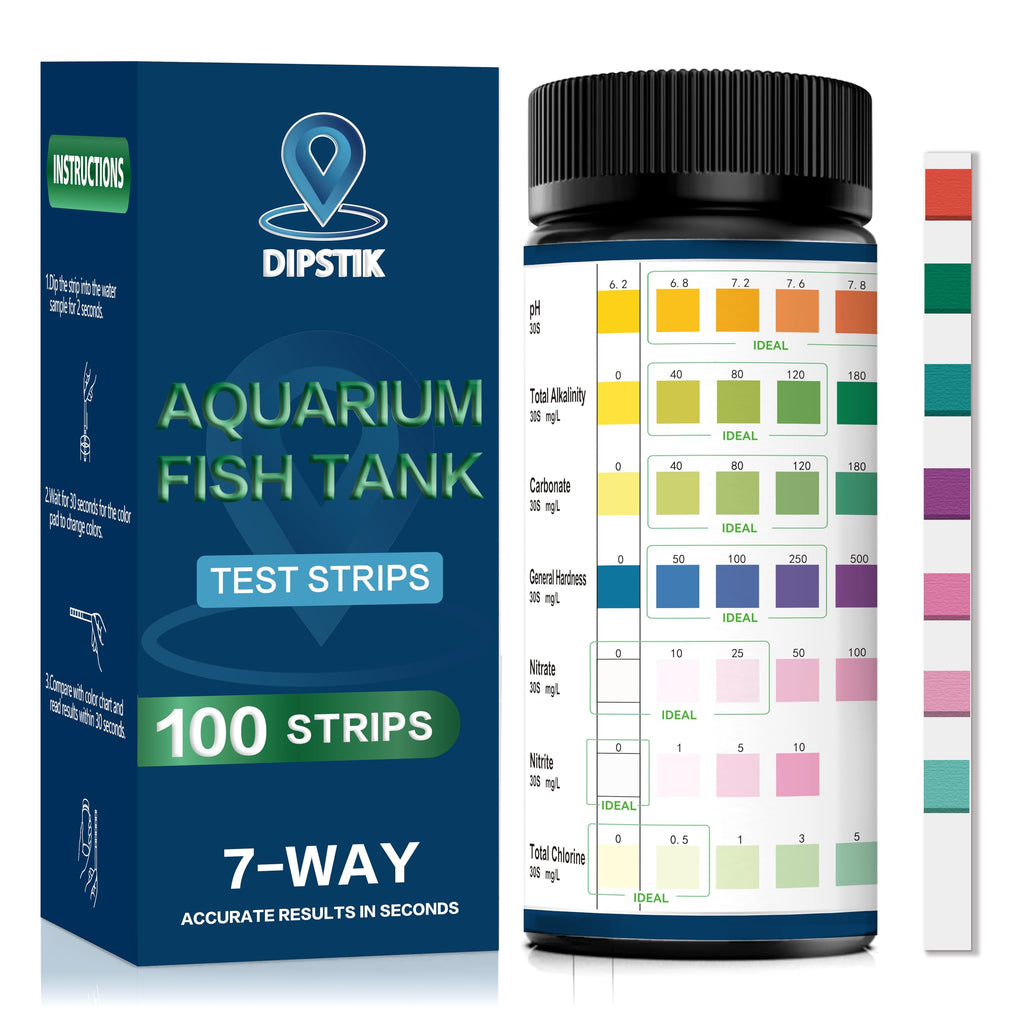 Aquarium Test Strips, 7-Way Aquarium Test Kit for Freshwater Saltwater,100 Strips Quick and Accurate Fish Tank Pond Test Strips,Test Nitrate, Nitrite, Chlorine,Hardness,Alkalinity, Carbonate, Ph