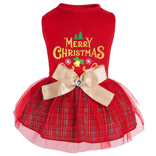 Cyeollo Plaid Christmas Holiday Theme Dress With Bowtie - Girl Dog Clothes, Doggie Outfits, Festival Dresses for Small Dogs