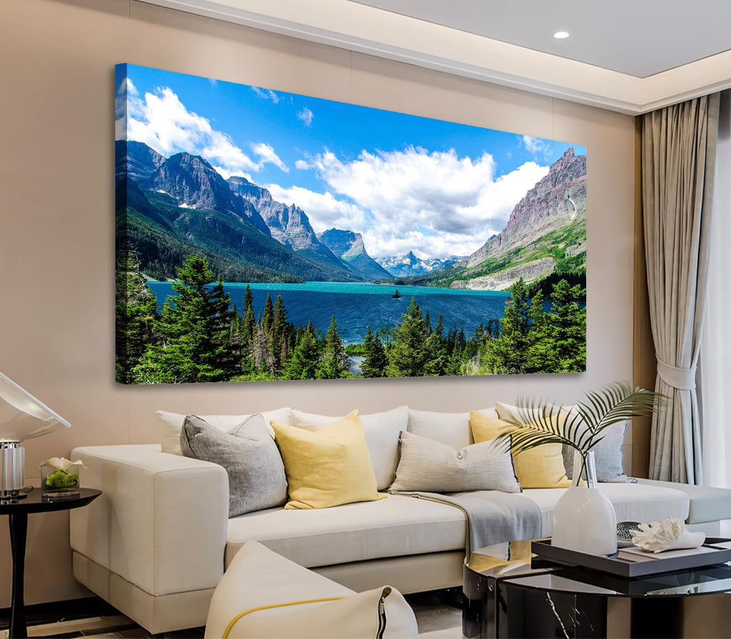 Landscape Canvas Wall Art for Living Room Wall Decor Glacier National Park Canvas Pictures Blue Sky Mountain Forest Nature Painting Artwork Office Home Decorations Framed Ready to Hang 29" x 58"