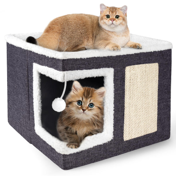 Loyareal Cat Houses for Indoor Cats - Large Cat Bed Cave with Scratch Pad and Fluffy Ball, Foldable Cat Condo Hideaway with Reversible Cushion for Multi Small Pet, Dark Grey