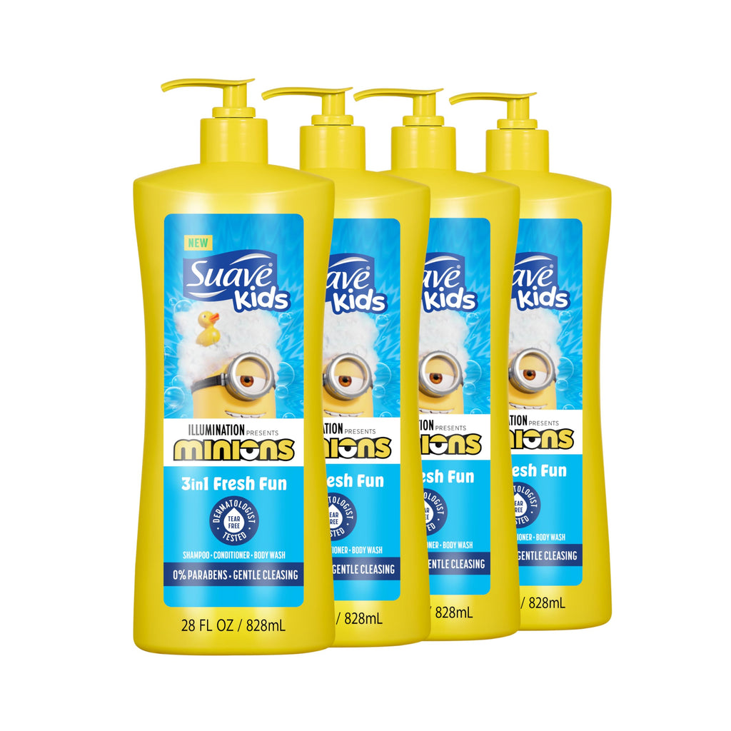 Suave Kids Minions 3-In-1 Shampoo, Conditioner, and Body Wash, For Tear-Free and Gentle Cleansing, 28 oz(Pack of 4)