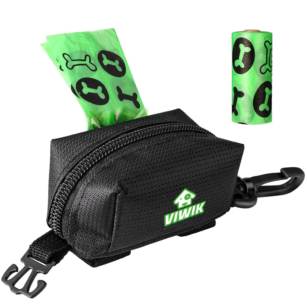 VIWIK Dog Poop Bag Holder for Leash, Waste Bag Dispenser with Pet Trash Bags and Carabiner Clip, Soft Portable Doggie Poop Bag Dispenser with Hand Free Holder Carrier, Gifts for Dog Lovers Black