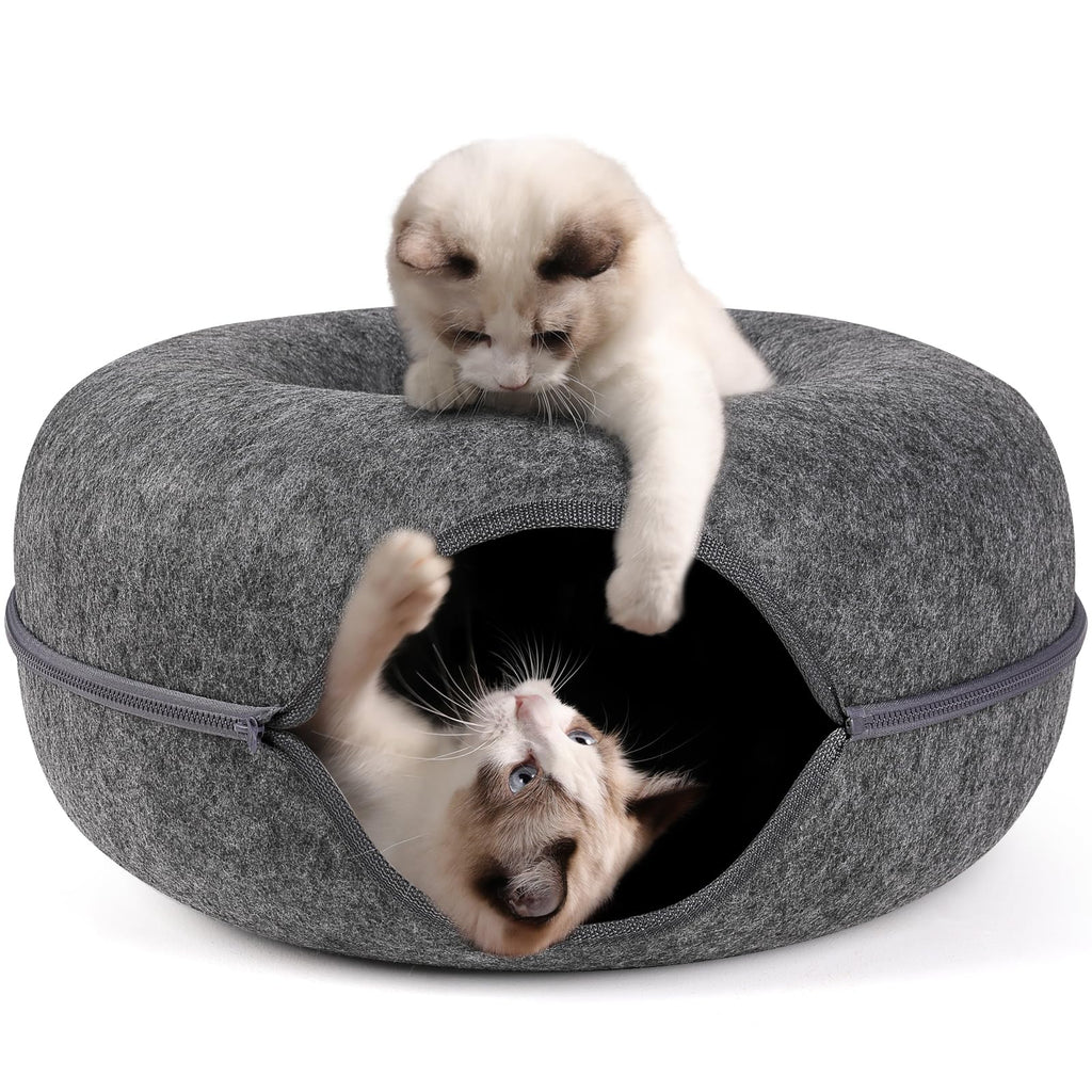 Bininl Peekaboo Cat Cave Bed for Indoor Cats, Detachable Round Felt Tunnel with Washable Interior for Cat House and Play (20 Inch, Dark Grey)