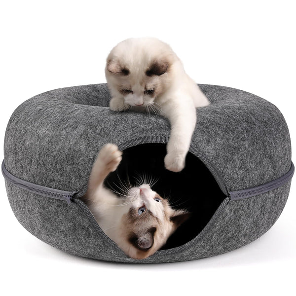 Bininl Peekaboo Cat Cave Bed for Indoor Cats, Detachable Round Felt Tunnel with Washable Interior for Cat House and Play (20 Inch, Dark Grey)