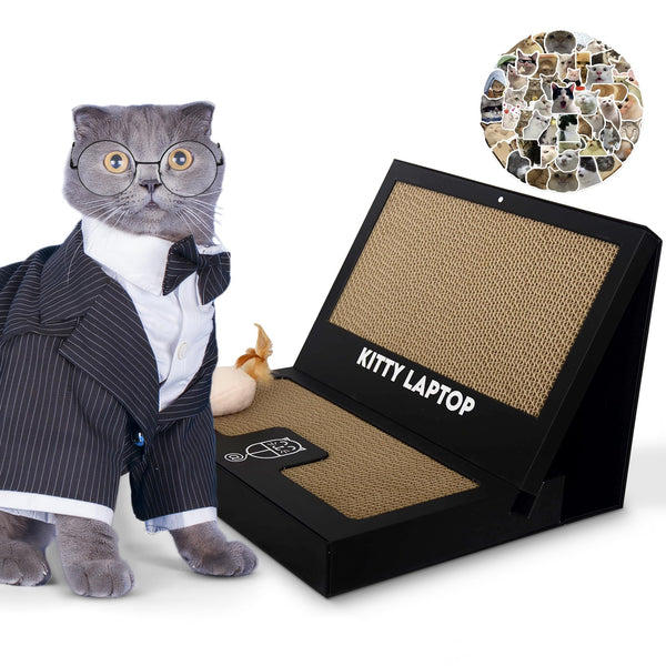 Kitty Laptop - Toy Cat Laptop with 2 Scratchboards + Catnip Mouse Toy for Cats + 50pack Cat Sticker - Interactive Eco-Friendly Cat Computer with Scratch Pad Laptop for Cats - Mini Cat Laptop