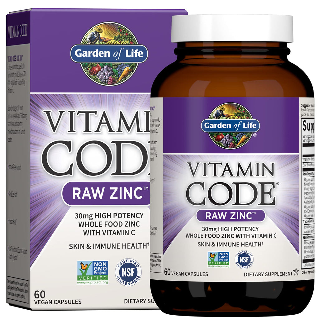 Garden of Life Zinc Supplements 30mg High Potency Raw Zinc and Vitamin C Multimineral Supplement, Vitamin Code Vitamins Trace Minerals & Probiotics for Skin Health & Immune Support, 60 Vegan Capsules