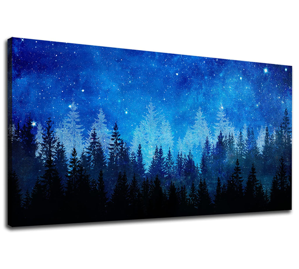 NINEASO Forest Canvas Wall Art Abstract Blue Forest Pictures Wall Decor Blue Night Starry Sky Canvas Print Artwork for Bedroom Living Room Office Home Wall Decoration Framed Ready to Hang 24" X 48"