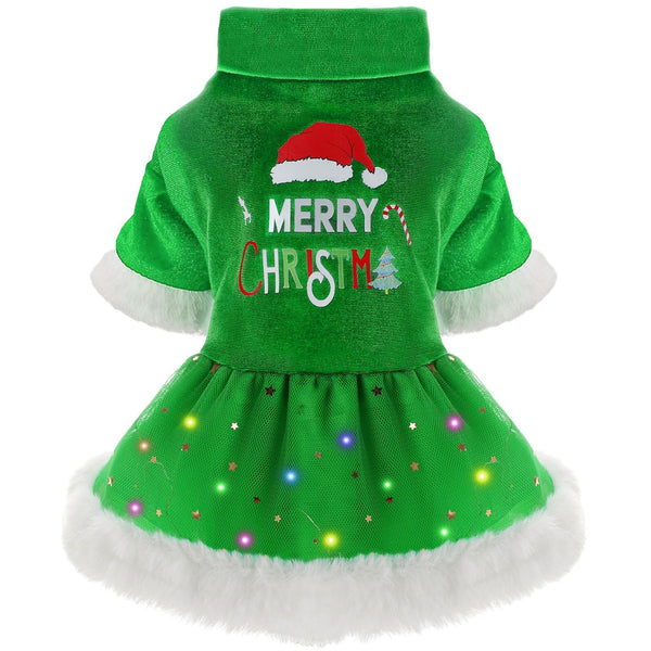 Sebaoyu Dog Christmas Dress, LED Light Winter Sweater for Small Dogs, Female Pet Outfit, Cat Puppy Apparel (S, Green)