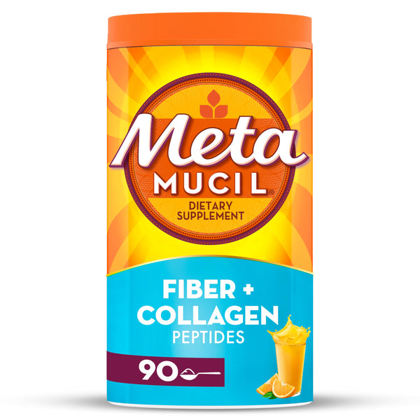 Metamucil Daily Fiber + Collagen, Psyllium Husk Powder, Plant Based, Sugar-Free with Stevia, 3-in-1 Fiber for Digestive Health, Orange Flavored, 90 Doses (29.8 OZ Fiber Powder)
