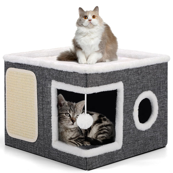 Cat Beds for Indoor Cats, Large Cat Cave with Cozy Condo, Fluffy Hanging Ball, Round Window, Foldable Indoor Cat House Hold Up to 30LBS, Cat Hideaway with Double-Sided Soft Cushions for All Seasons