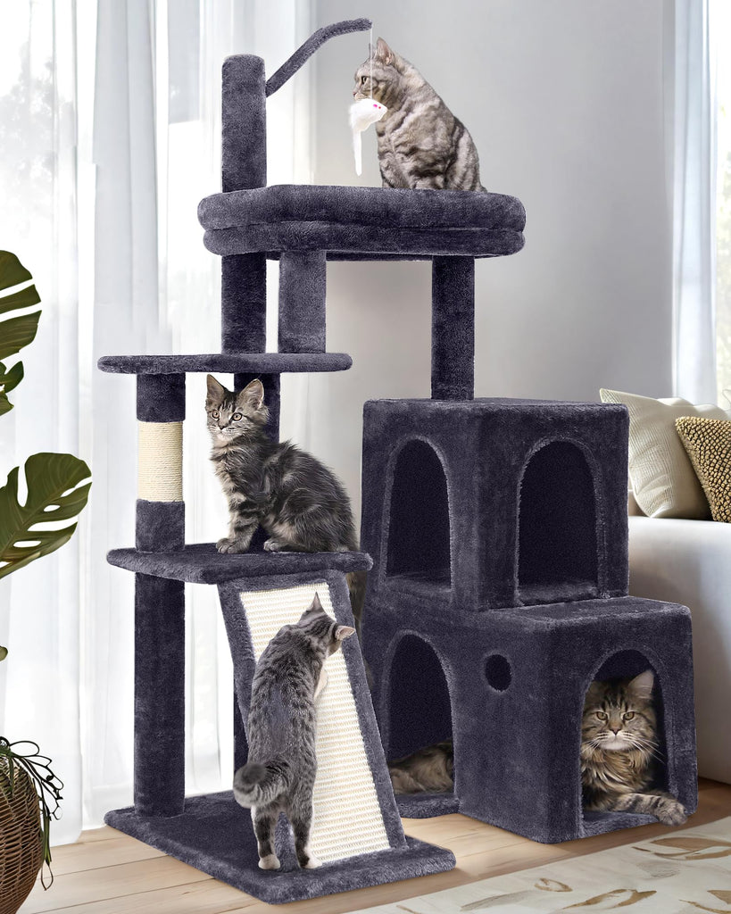 Globlazer F50 Cat Tower for Adult Indoor Cats, 50-inch Heavy Duty Cat Tree for Big Cats, Cat Tree House with Extra-Large Padded Platform, Sisal Scratching Board, 2 Large Condos, Dark Grey