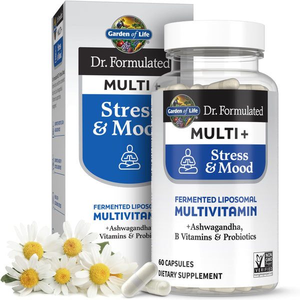 Garden of Life Dr. Formulated Multi+ Stress & Mood, Fermented Liposomal Multivitamin + Ashwagandha, B Vitamins & Probiotics - 60 Capsules, Whole Food Vitamin & Mineral Supplement