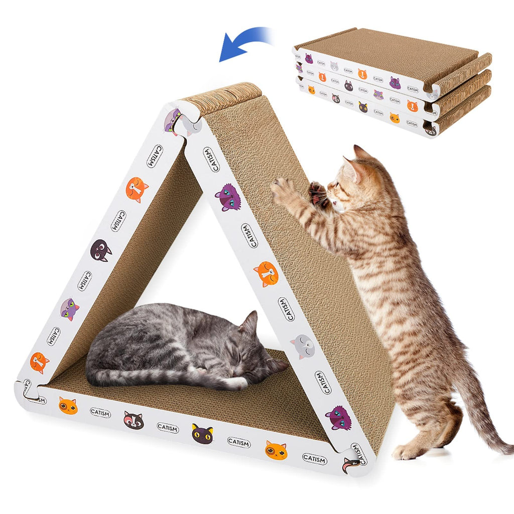 CATISM Cat Scrather Cat Scratching Board - Foldable - Triangle, 6 Usable Sides Cat Scratchers for Indoor Cats, Durable Recyclable Cat Scratcher Cardboard Vertical(Pack of 3)