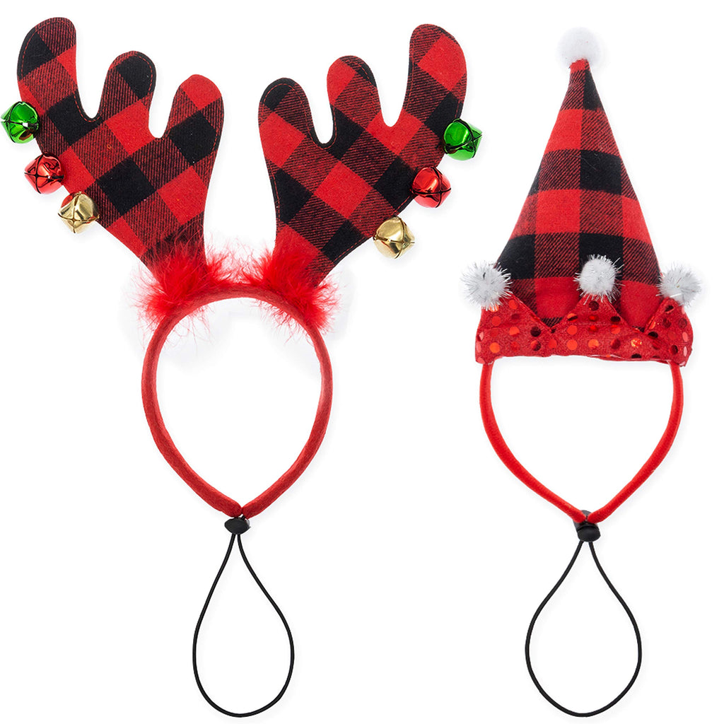 FLYSTAR Christmas Dog Headband Set - Black & Red Plaid Dog Christmas Costume - Christmas Hat & Elk Shape Headbands Pet Holiday Accessories for Girl & Boy Medium, Large Dogs