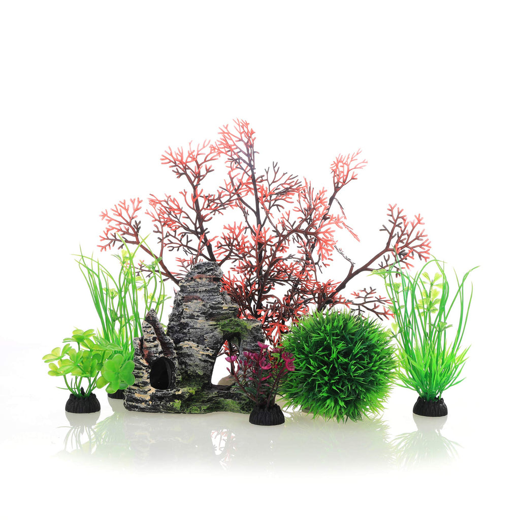 JIH Aquarium Fish Tank Plastic Plants and Cave Rock Decorations Decor Set 7 Pieces, Small and Large Artificial Fish Tank Plants with Cave Rock (CU89Red-7)