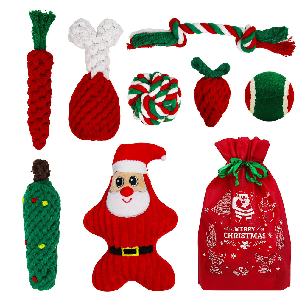 Goldshire 8 Pieces Christmas Dog Chew Toys, Santa Puppy Teething Chew Toys with Adorable Squeaky Toys, Training Ball, Christmas Storage Bag