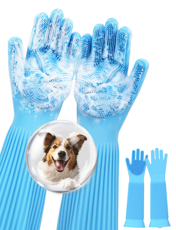 Pecute Extended Pet Grooming Gloves, Heat Resistant Cat Bathing Gloves with High-Density Teeth, Silicone Dog Bathing Gloves with Enhanced Five Finger Design, for Washing, Bathing, and Massaging