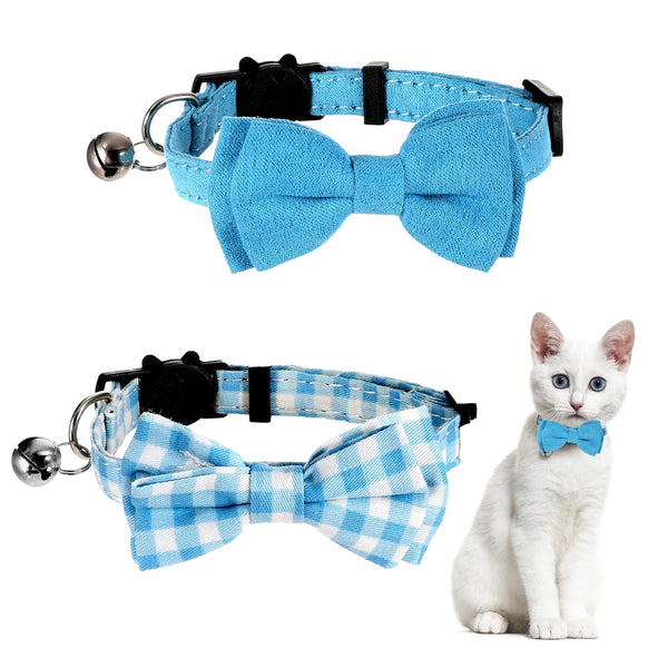 2 Pcs Boy Cat Collar with Bell Breakaway Cat Collars Cute Kitten Bow Tie Collar Adjustable Small Puppy Safety Collar Solid Color Plaid Pet Collar (Blue)