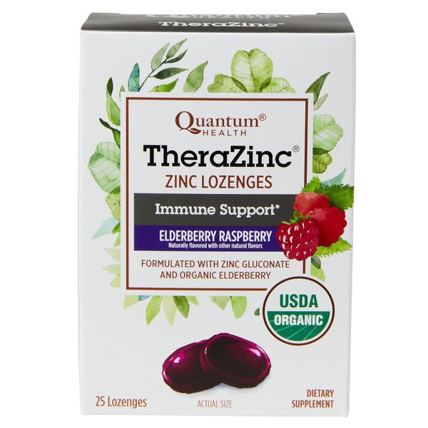 Quantum Health TheraZinc Organic Zinc Lozenges Elderberry Sambucus Raspberry & Honey Immune Support for Adults & Kids 12+ Naturally Flavored Fast Relief with No Aftertaste - 25 Count