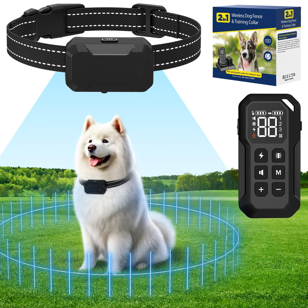 Jizboc Wireless Dog Fence,Dog Tranining Collar with Remote Control,Electric Fence for Dogs,Wireless Dog Fence System-300M,Medium and Large Dog Collar.