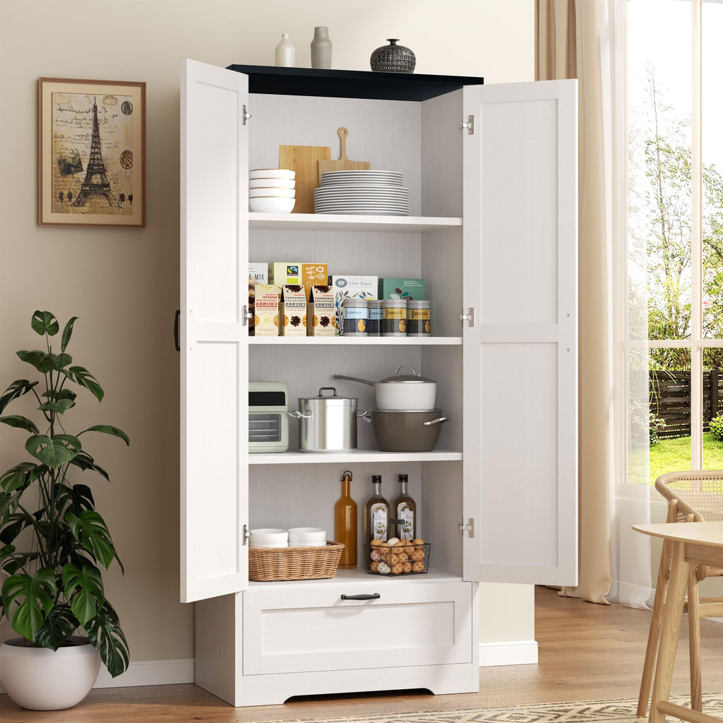 Vongrasig Kitchen Pantry Storage Cabinet with Barn Doors, Drawer and Adjustable Shelves, 5-Tier Tall Rustic Wood Cupboard Locker for Kitchen, Dining Room, Living Room, Bathroom, (White)